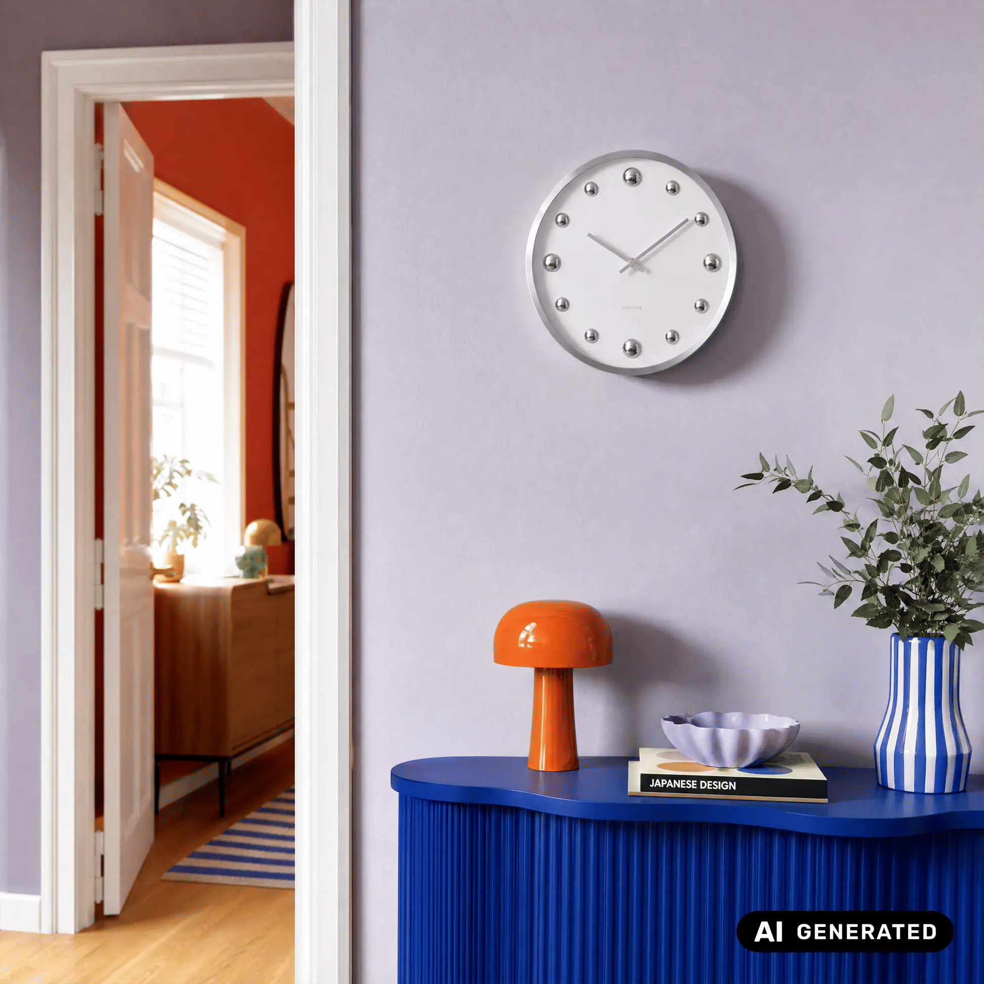 Weiße Wanduhr mit silbernem Alurahmen, Punktindizes und sichtbaren Zeigern