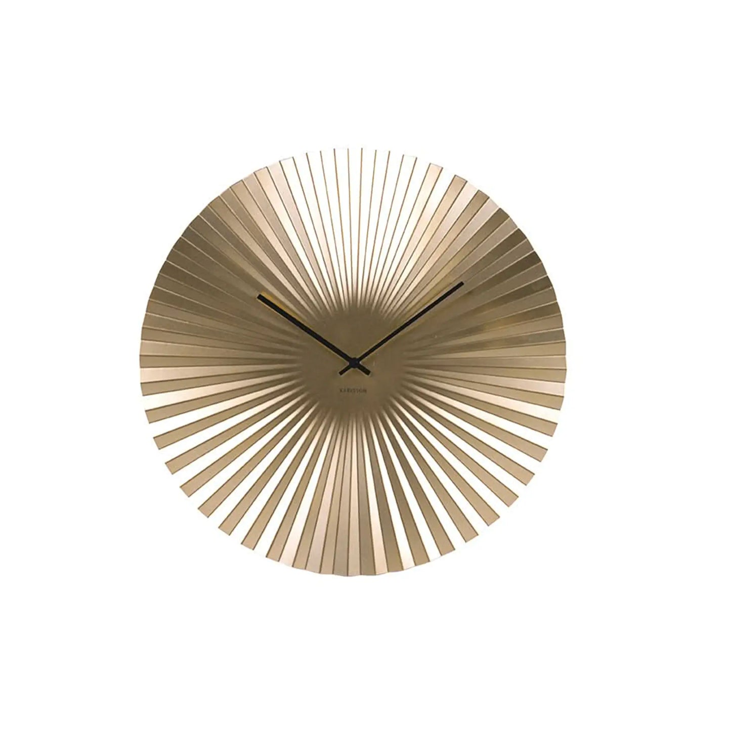 Große Ansicht: runde goldfarbene Fächer-Wanduhr mit schwarzen Zeigern