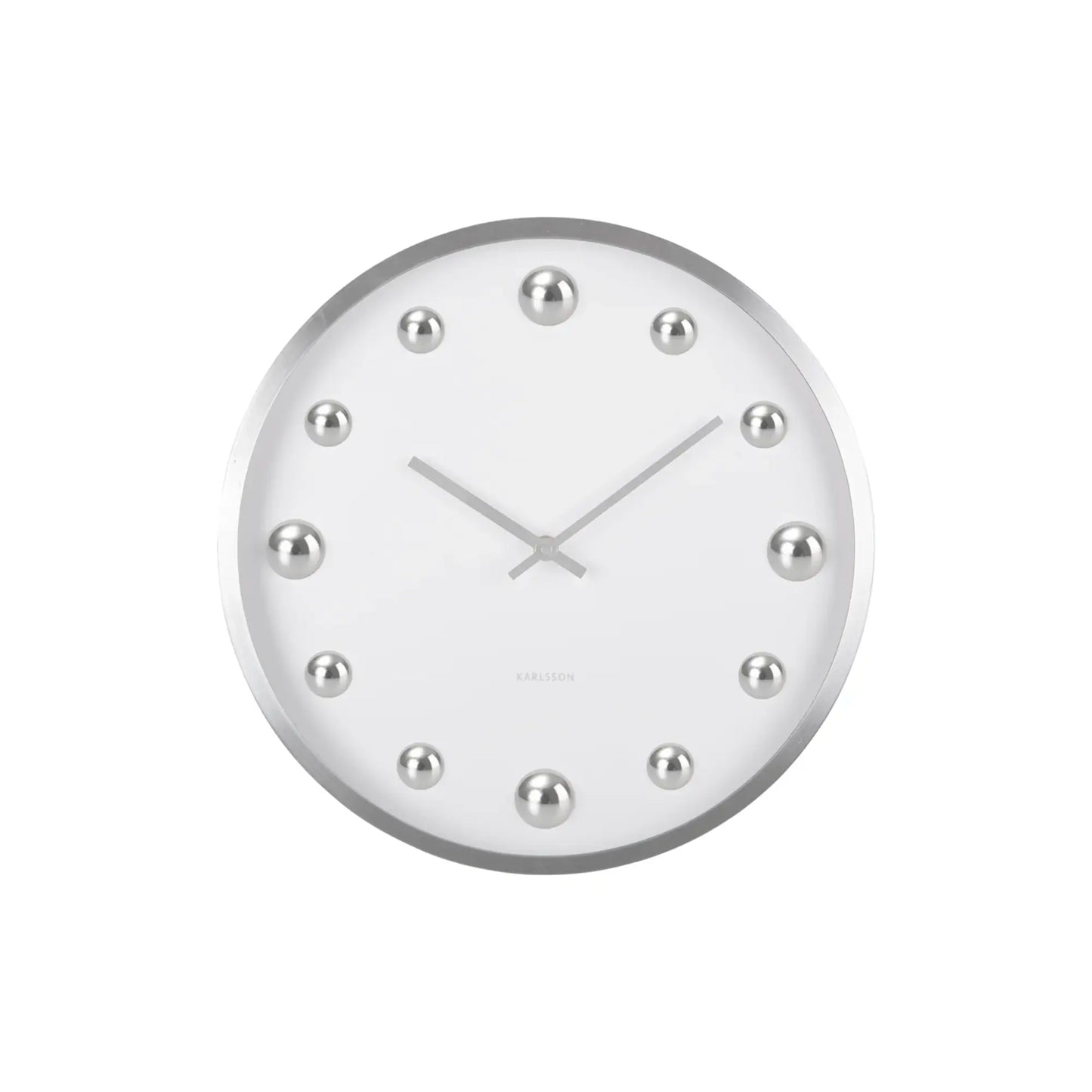Weiße Wanduhr mit rundem silbernem Rahmen, Punktindex und zwei Uhrzeigern