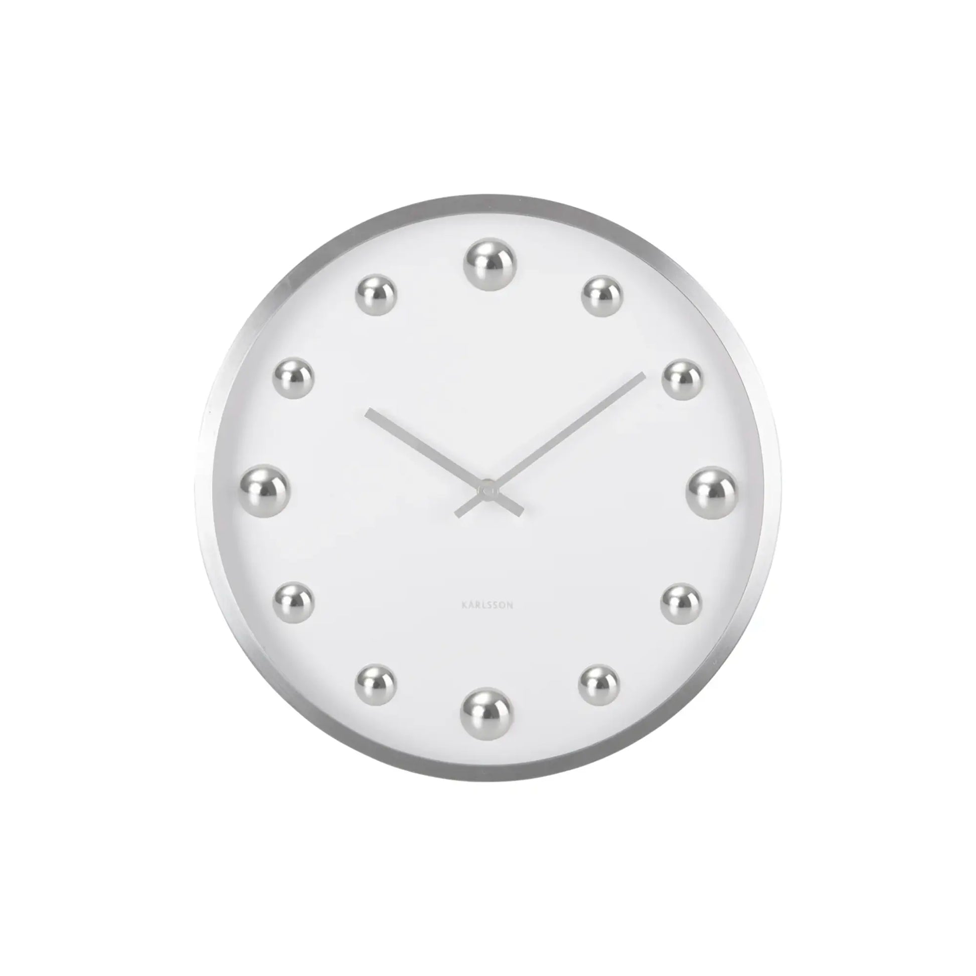 Weiße Wanduhr mit rundem silbernem Rahmen, Punktindex und zwei Uhrzeigern