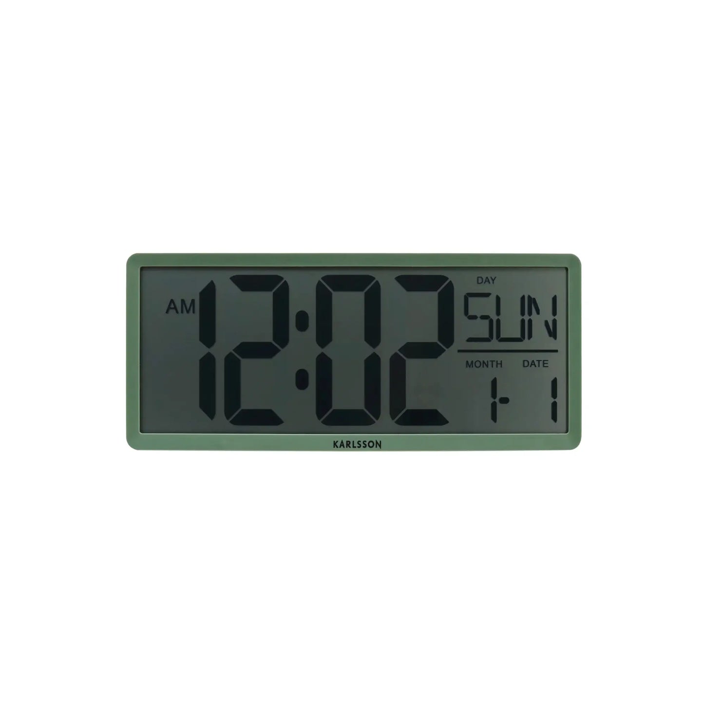 Dschungelgrüne LCD-Wanduhr mit klar lesbarer Digitalanzeige für Uhrzeit und Datum