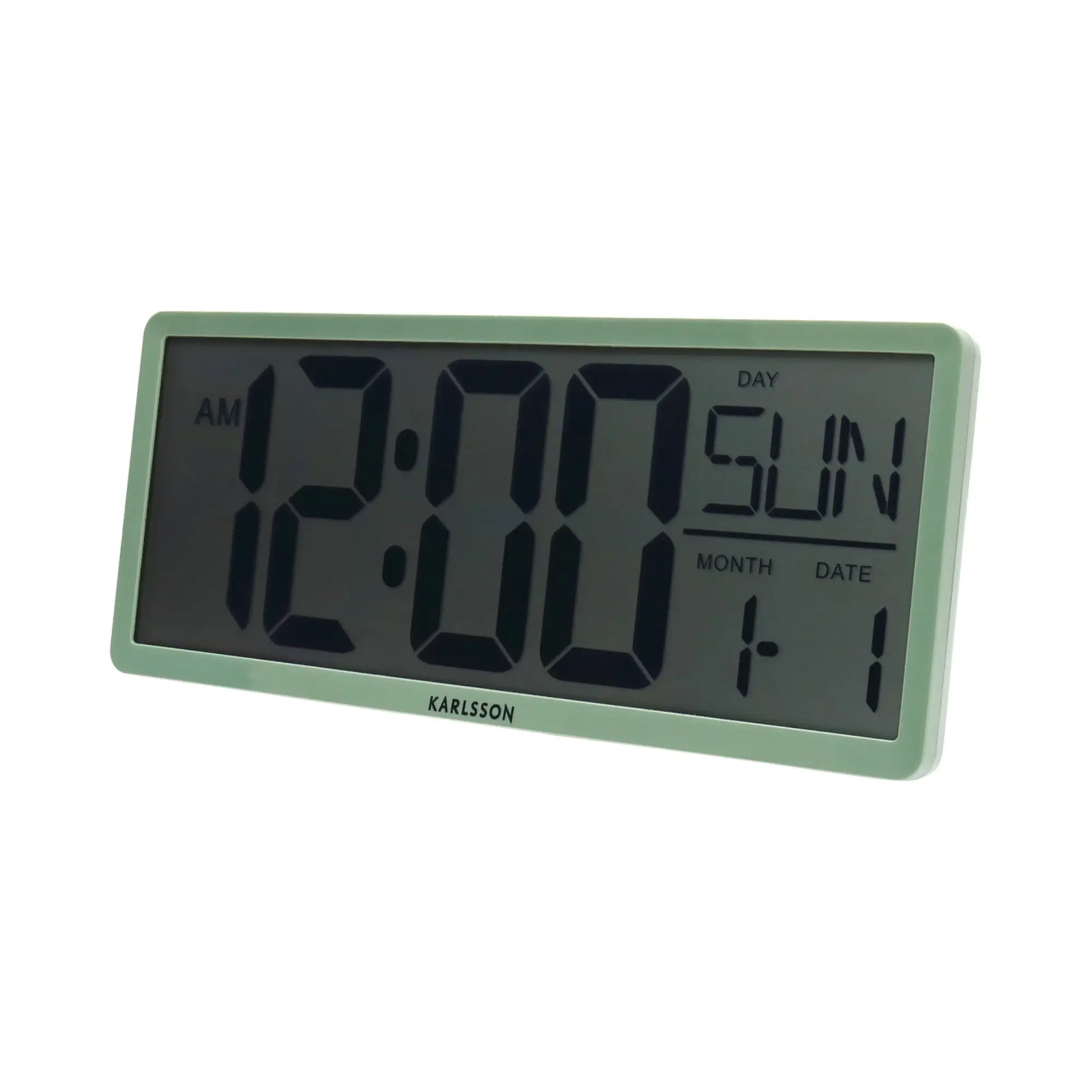 Dschungelgrüne LCD-Wanduhr im Close-up: Digitaldisplay für Uhrzeit und Datum