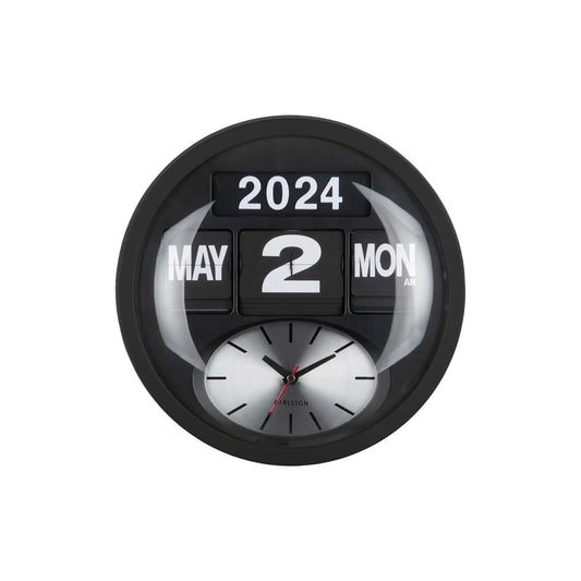Schwarze runde Wanduhr mit Flip-Anzeige „2024 2“ und analoger Zeitanzeige