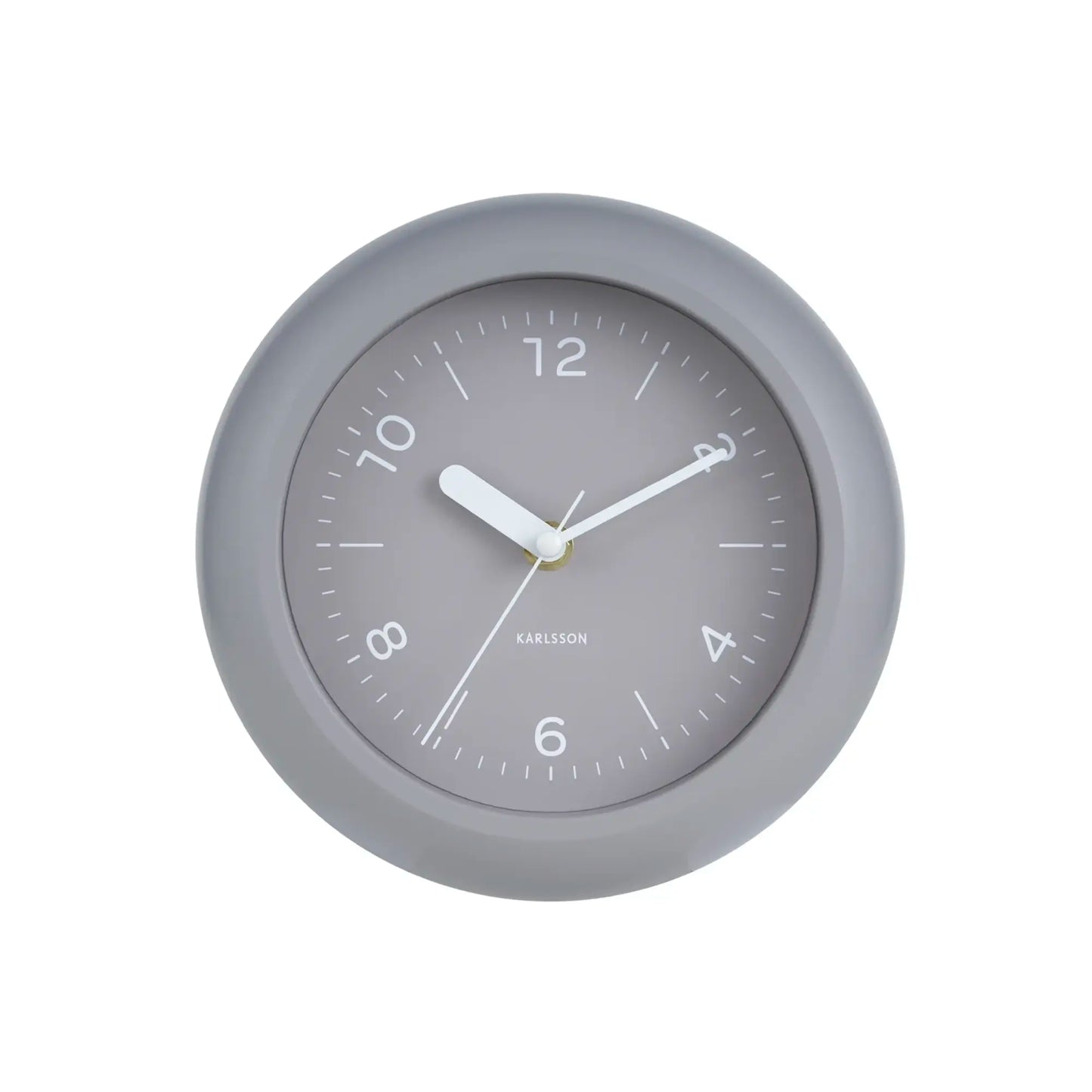 Wanduhr Karlsson mit grauem Ziffernblatt, weißen Zeigern und gelblichem Sekundenzeiger