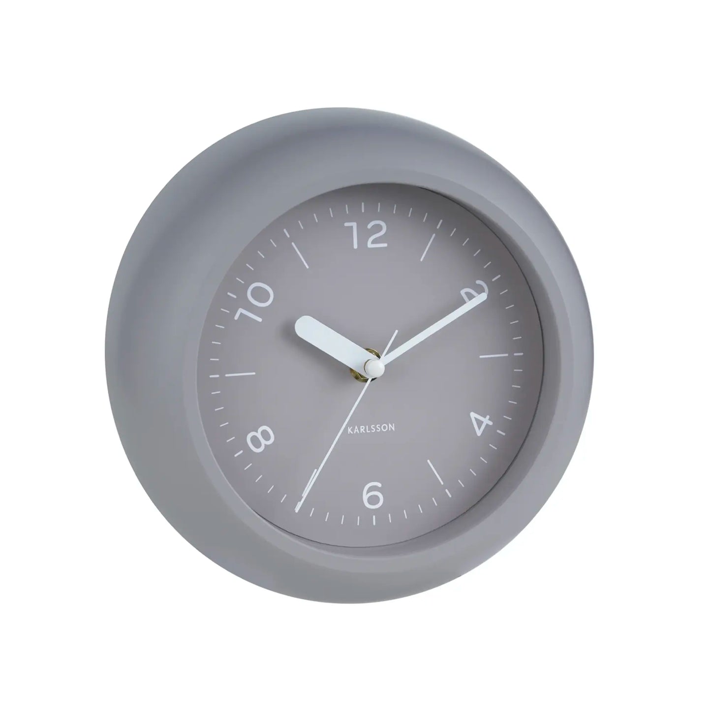 Wanduhr Karlsson mit rundem warmgrauem Gehäuse, grauem Ziffernblatt und weißen Zeigern
