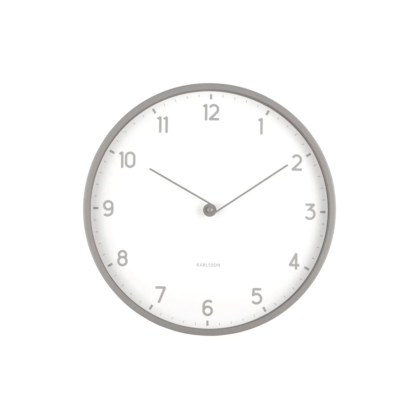 Karlsson Wanduhr rund, weißes Zifferblatt mit Ziffern und dunkelgrauem Rahmen
