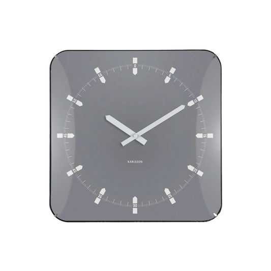 Quadratische Wanduhr grau mit weißen Zeigern und Strichindizes, klare Glaskante