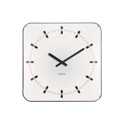 Quadratische Wanduhr mit weißem Zifferblatt, schwarze Zeiger und Minutenmarken, Rahmen.