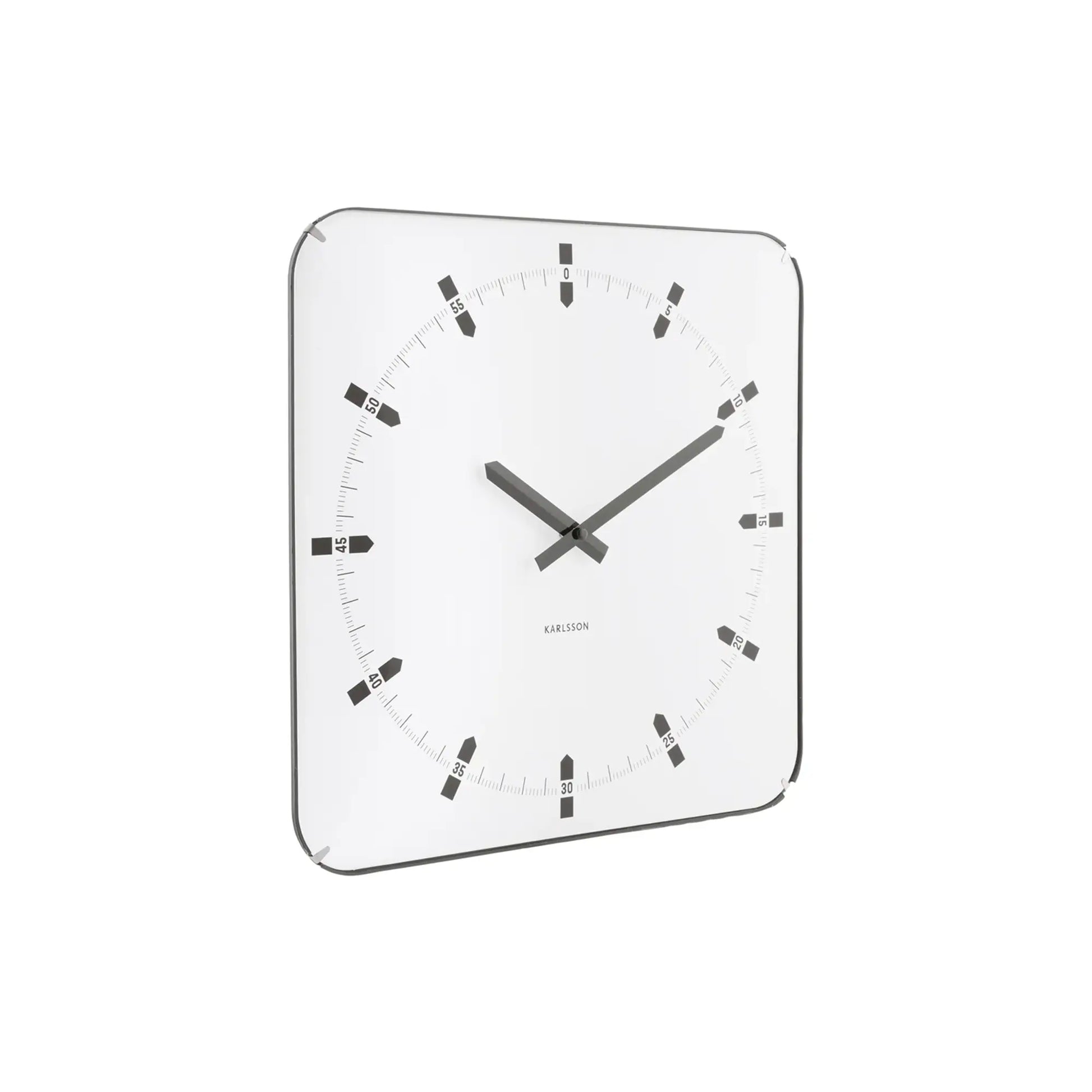 Quadratische Wanduhr mit weißem Zifferblatt und schwarzem Kantenrahmen, gewölbtes Glas.