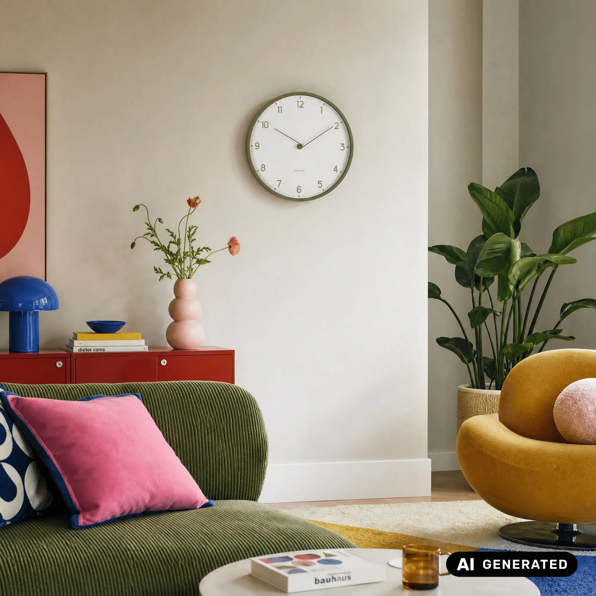 Wanduhr mit hellem Zifferblatt und olivfarbenem Rahmen an der Wand über Sofa