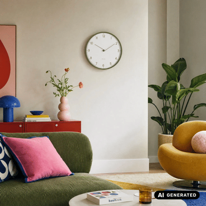 Wanduhr mit hellem Zifferblatt und olivfarbenem Rahmen an der Wand über Sofa