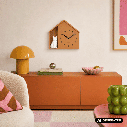 Wanduhr im Katzenhaus-Design mit weißer sitzender Katze, ockerfarbenes Gehäuse