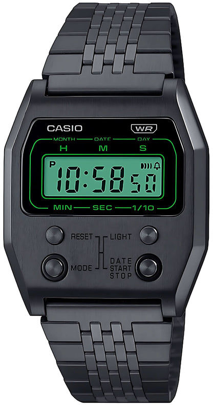 Zegarek Casio Vintage A1100B-1EF z czarną metalową bransoletą, zielonym wyświetlaczem cyfrowym LCD i przyciskami