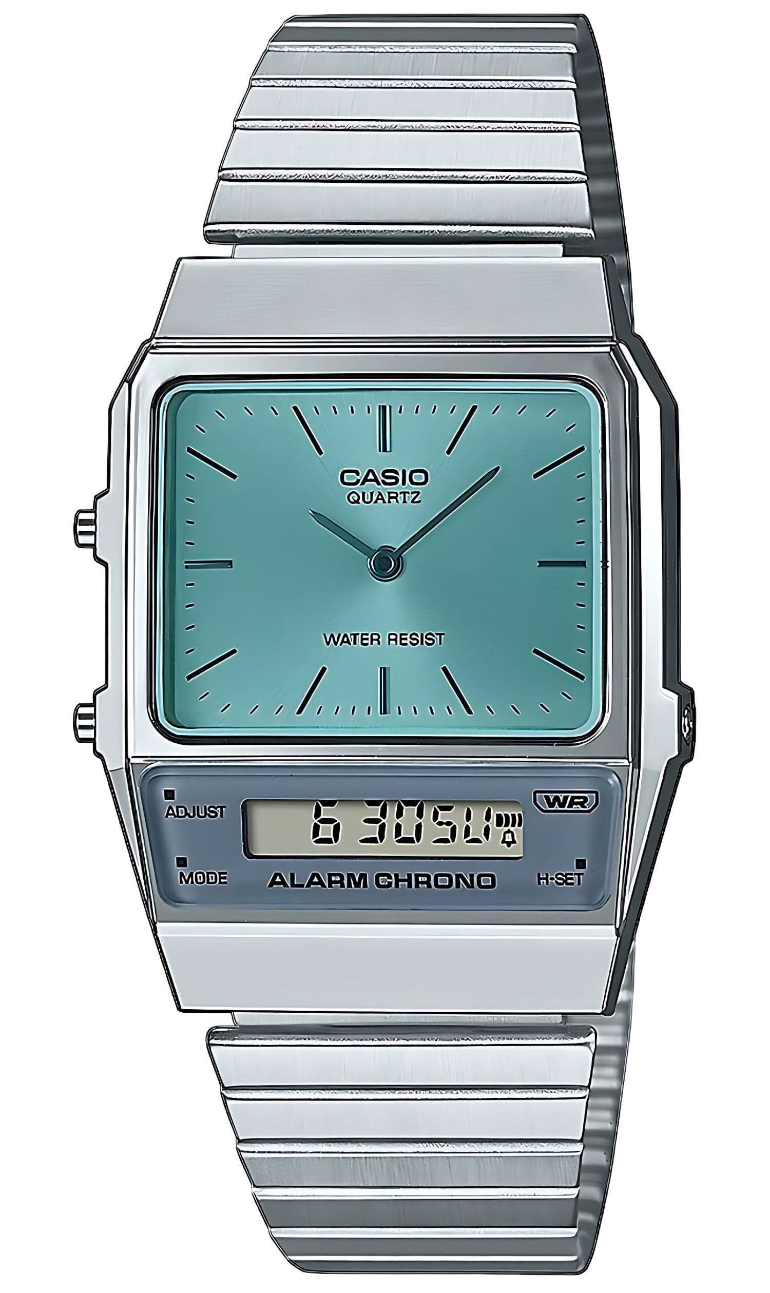 Zegarek Casio Vintage z turkusową tarczą, metalową bransoletą i wyświetlaczem cyfrowym
