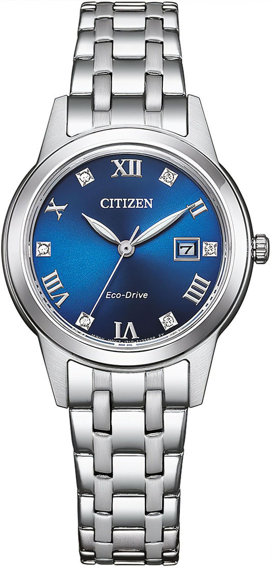 Zegarek damski Citizen z mechanizmem Eco-Drive: koperta ze stali szlachetnej, niebieska tarcza z cyframi rzymskimi