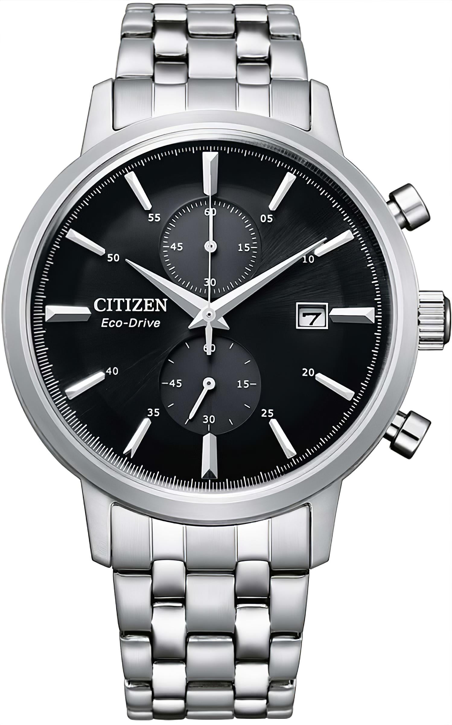 Zegarek męski Citizen Chronograph z mechanizmem Eco-Drive, czarną tarczą i bransoletą ze stali szlachetnej