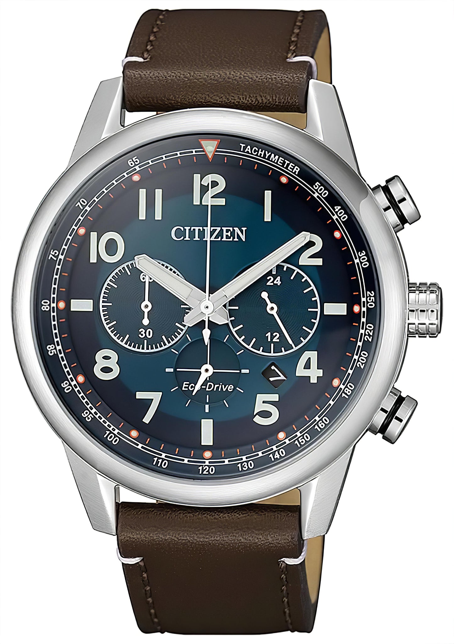Zegarek męski Citizen Eco-Drive Chronograph: brązowy skórzany pasek, koperta, ciemnoniebieska tarcza