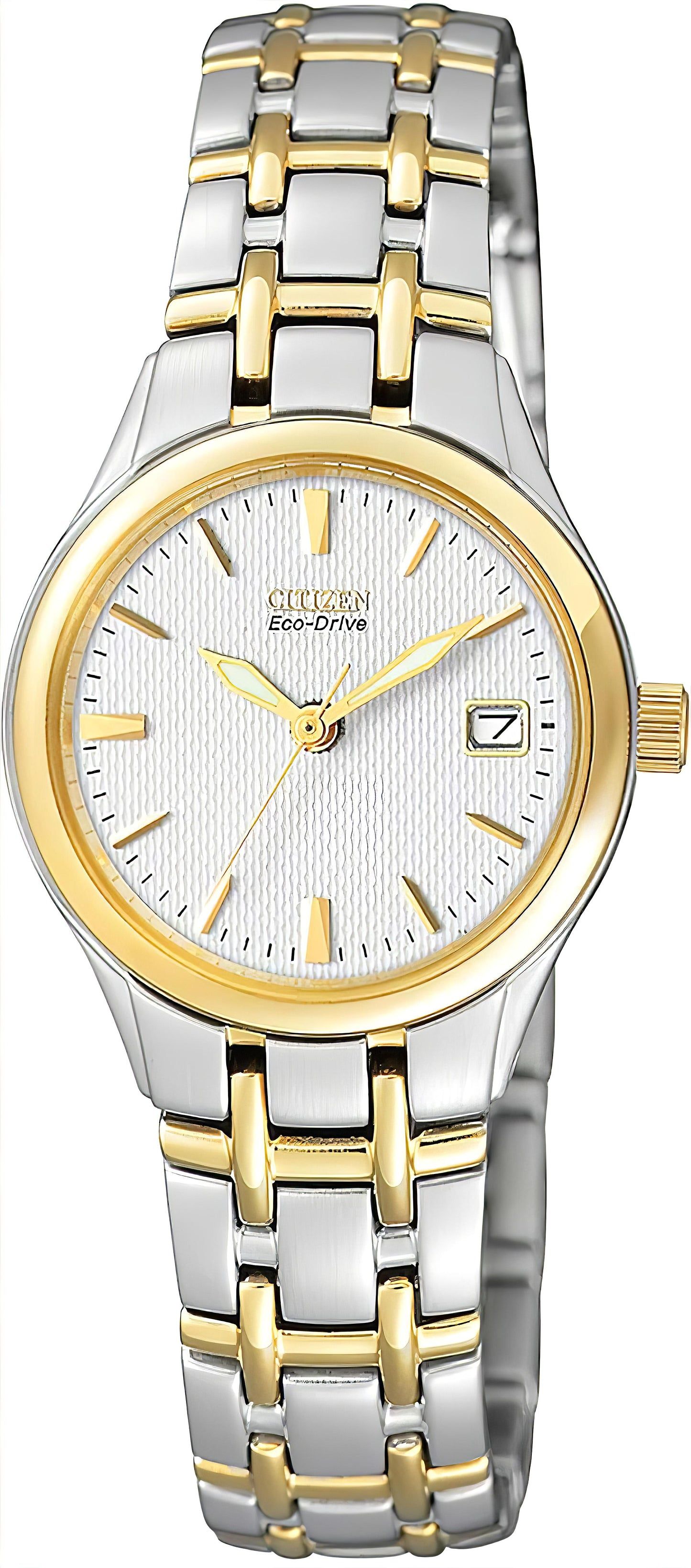 Zegarek damski Citizen Eco-Drive, solarny, dwukolorowa bransoleta metalowa, biała tarcza