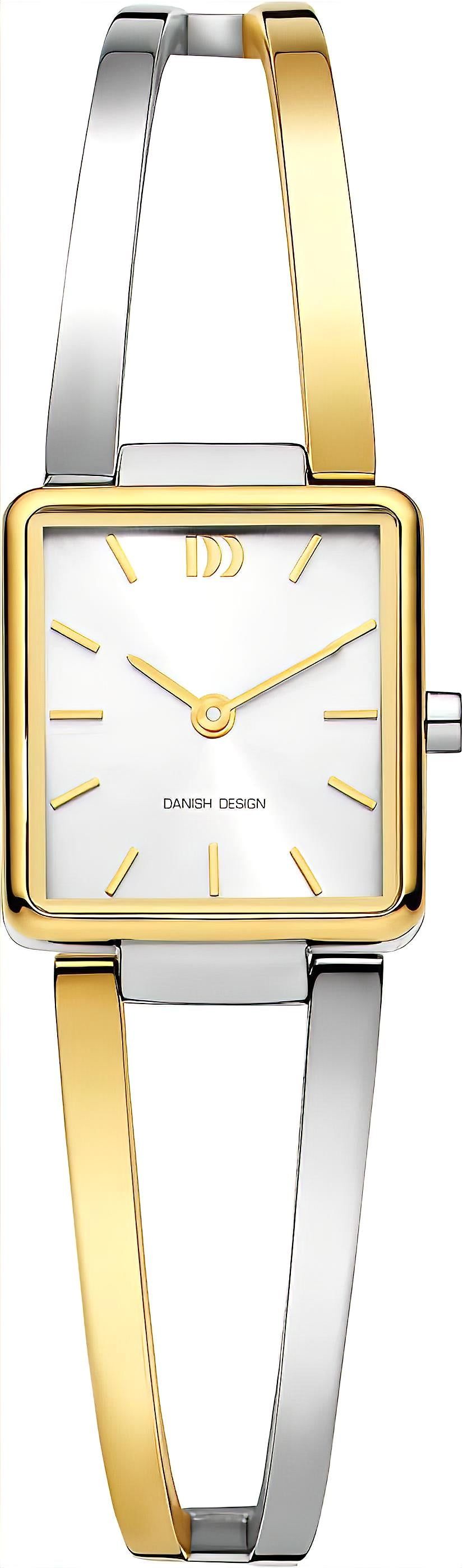 Damski zegarek Danish Design: kwadratowa złota koperta, biała tarcza, metalowa bransoleta