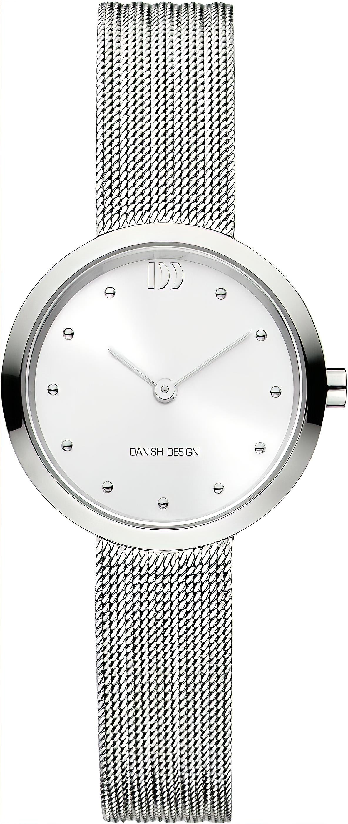 Damski zegarek Danish Design z okrągłą srebrną tarczą i stalową bransoletą typu mesh, minimalistyczny design