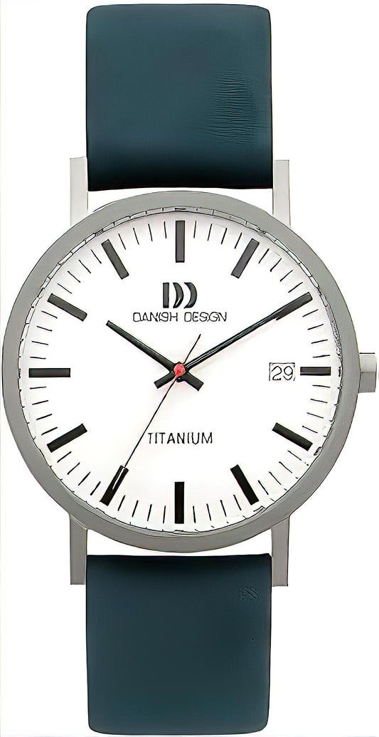 Zegarek męski Danish Design: biała tarcza, tytanowa koperta, ciemny skórzany pasek