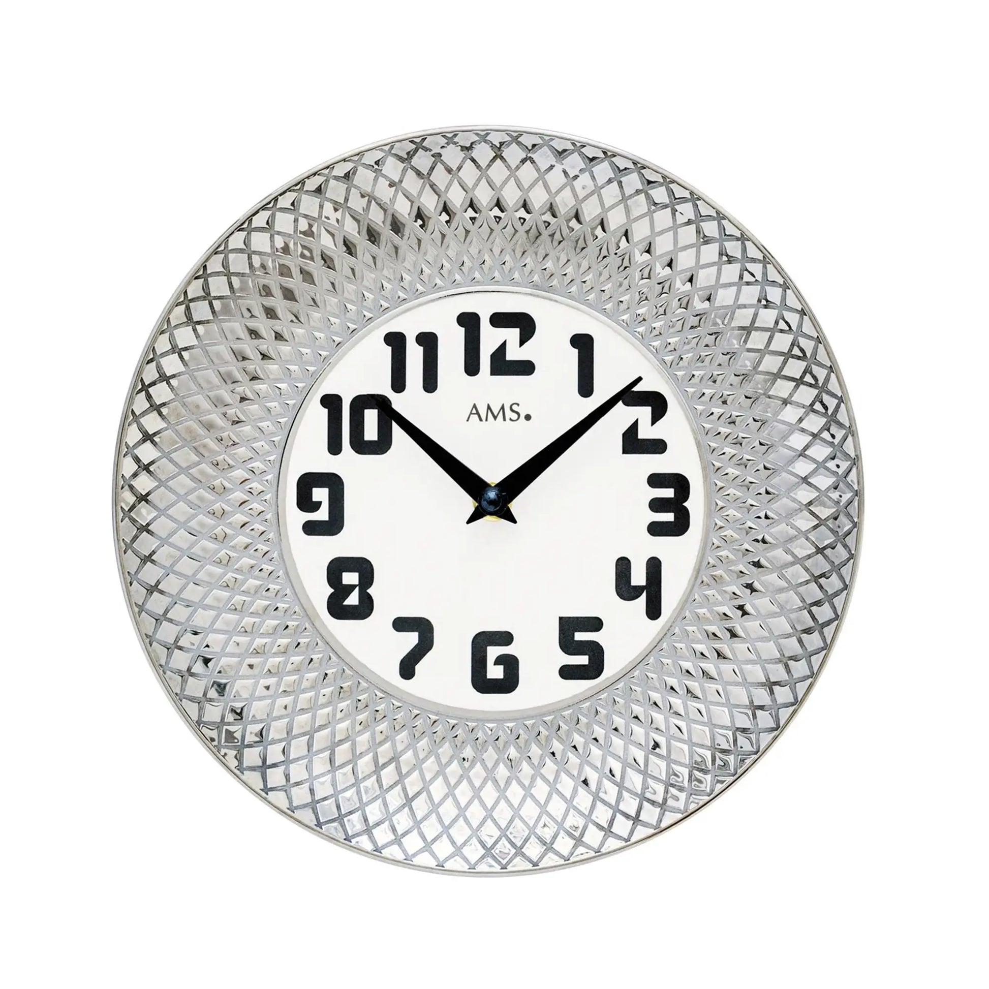 Zegar ścienny ze srebrną ceramiczną obudową, białą tarczą i czarnymi wskazówkami