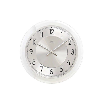 Wanduhr mit silbernem Gehäuse und facettiertem Mineralglas, Aluminium-Zifferblatt
