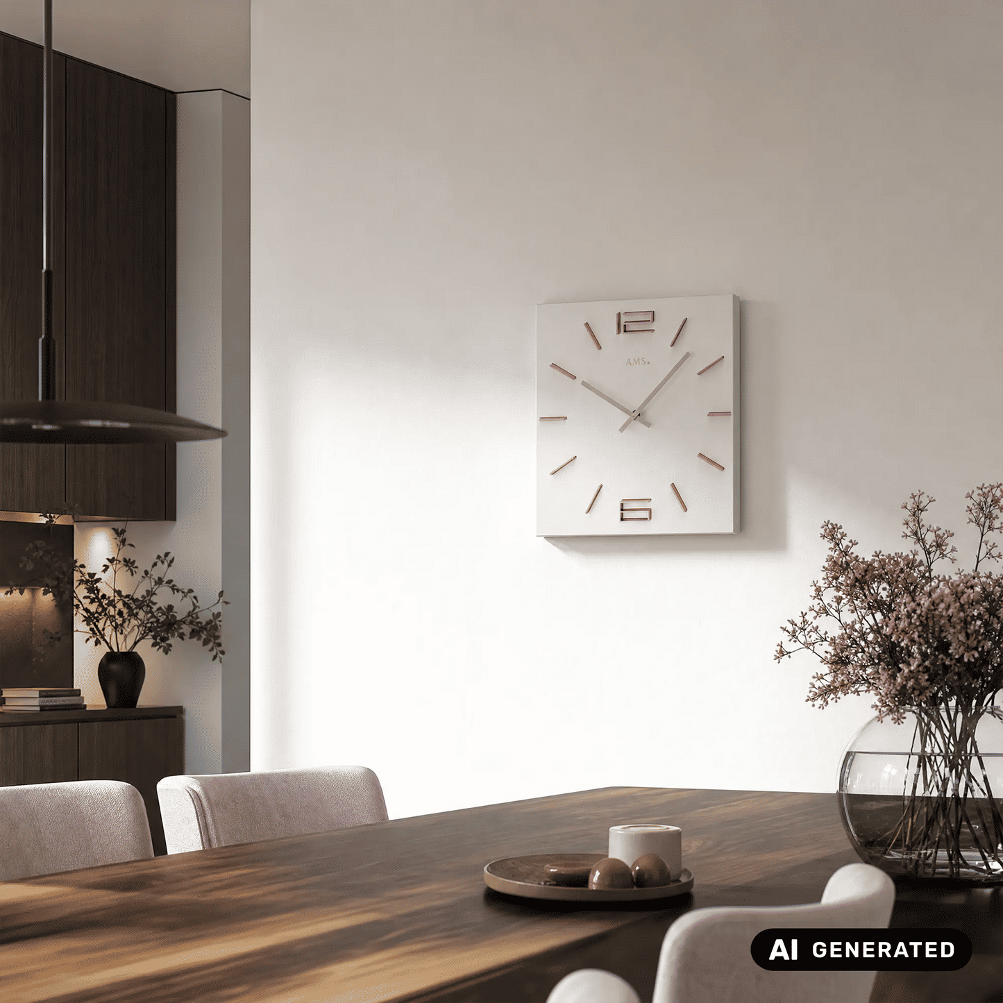 Zegar ścienny na ścianie, biała tarcza ze wskazówkami w kolorze różowego złota