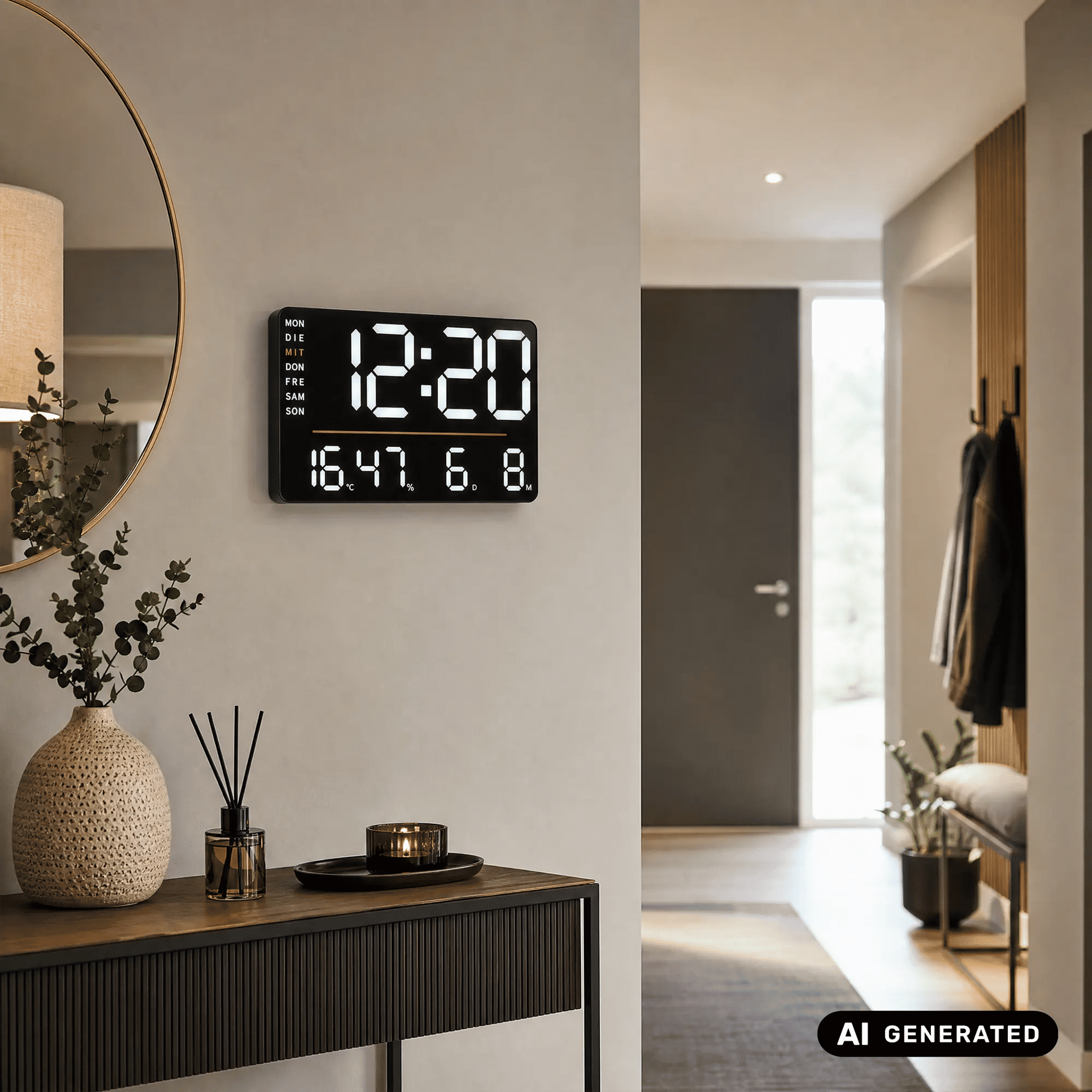 LED-Wanduhr mit Thermometerfunktion, rechteckiges schwarzes Gehäuse und große Anzeige