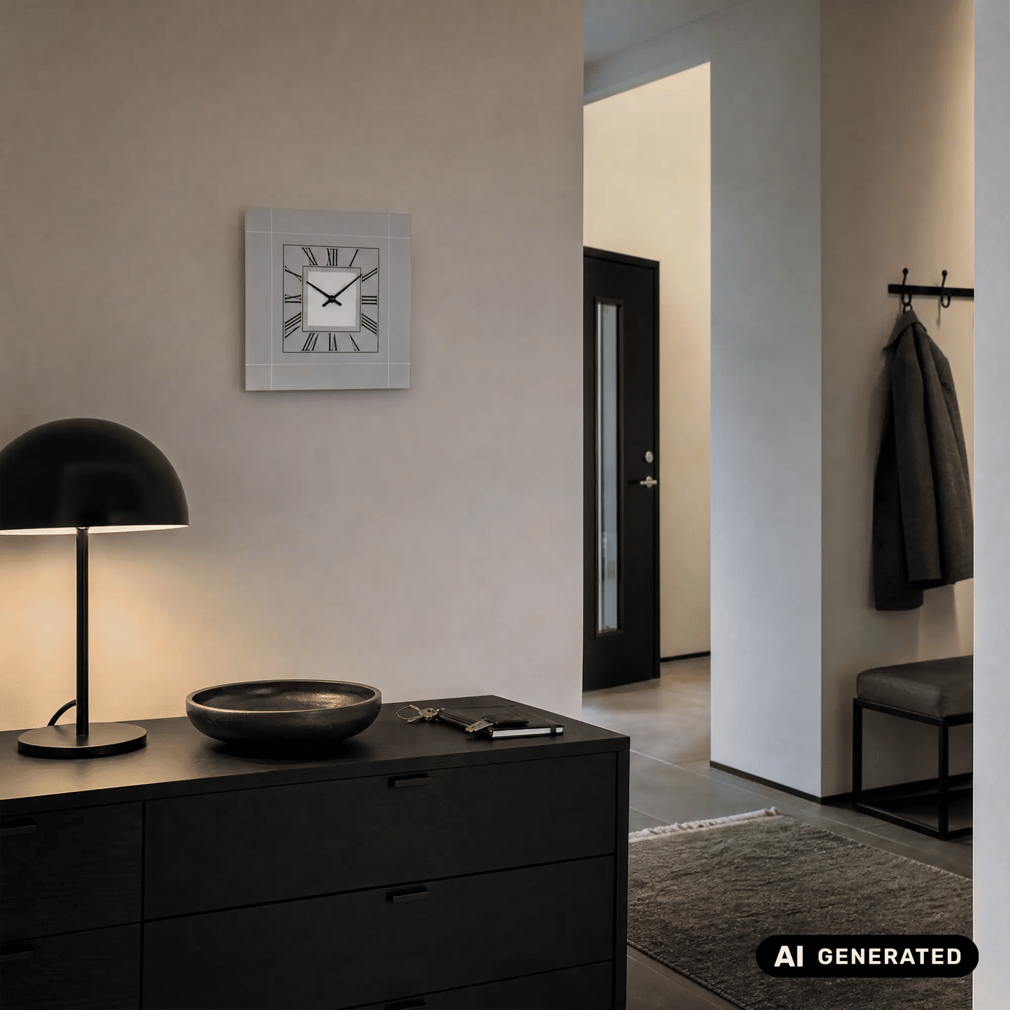 Zegar ścienny AMS W9338 czarny • Wypukłe szkło mineralne • Mechanizm kwarcowy