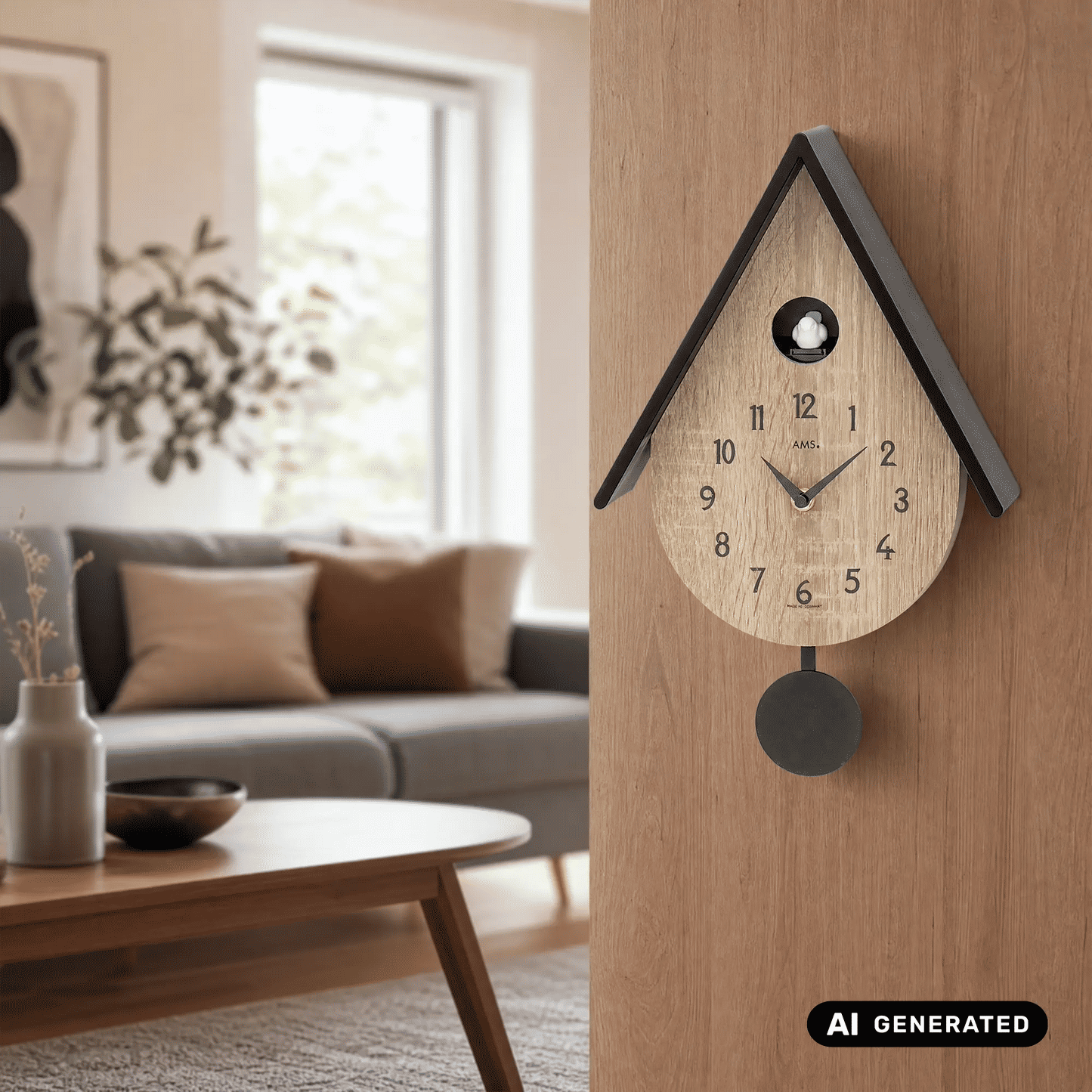 Kuckuckswanduhr aus hellem Holz an der Wand mit schwarzem Rahmen, Zeigern und Pendelgewicht