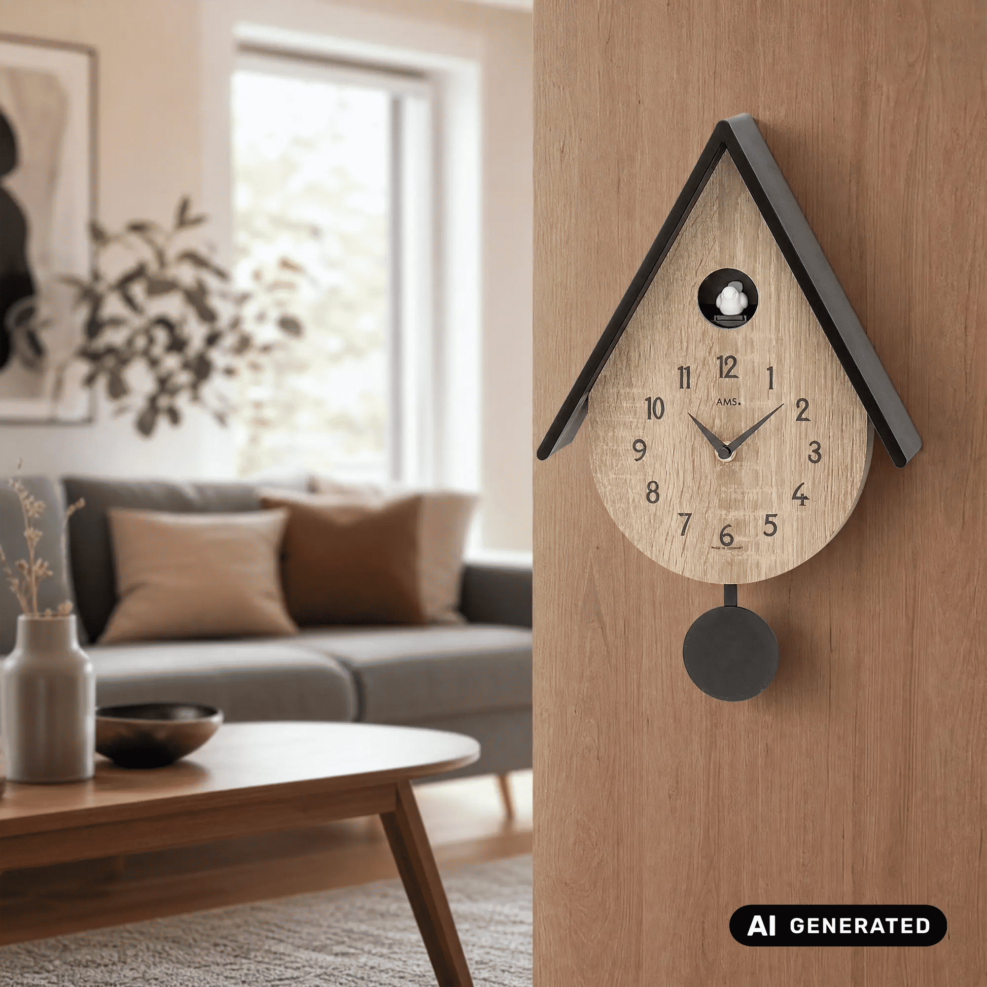 Kuckuckswanduhr aus hellem Holz an der Wand mit schwarzem Rahmen, Zeigern und Pendelgewicht