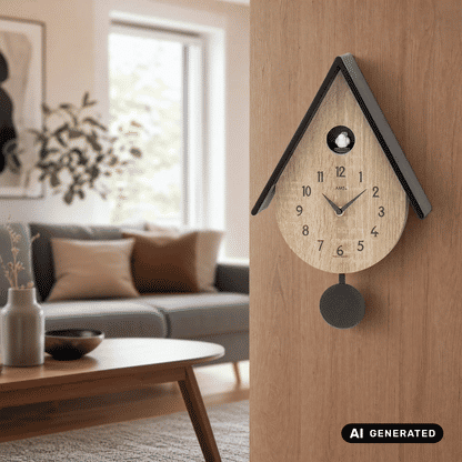 Kuckuckswanduhr aus hellem Holz an der Wand mit schwarzem Rahmen, Zeigern und Pendelgewicht