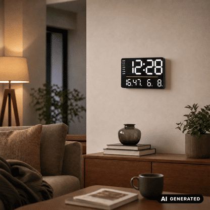 Digitale LED-Wanduhr mit Thermometer, schwarzes Displaygehäuse mit Ziffern