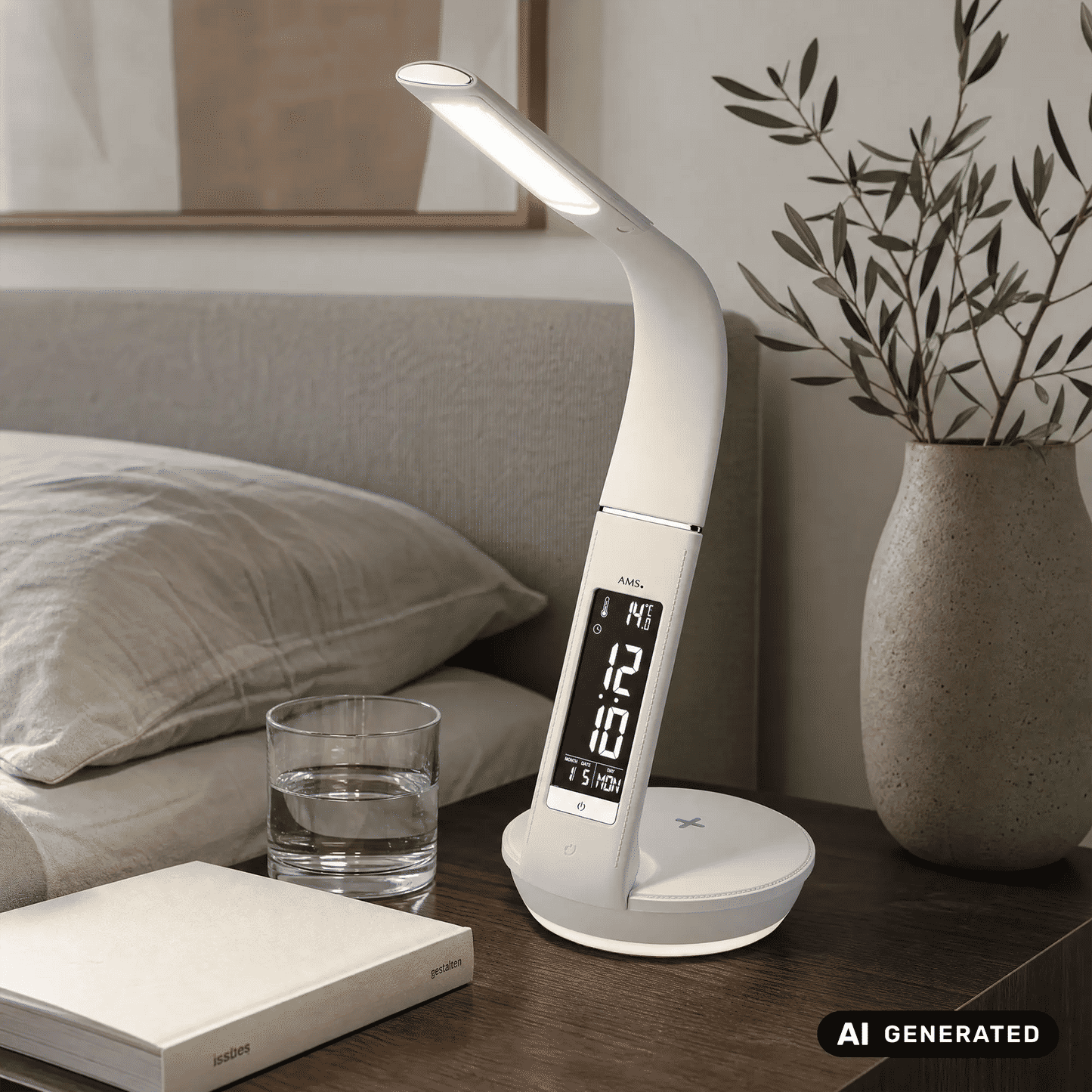 Budzik świetlny AMS T1304 biały • lampka nocna 3-stopniowa • funkcja ładowania smartfona