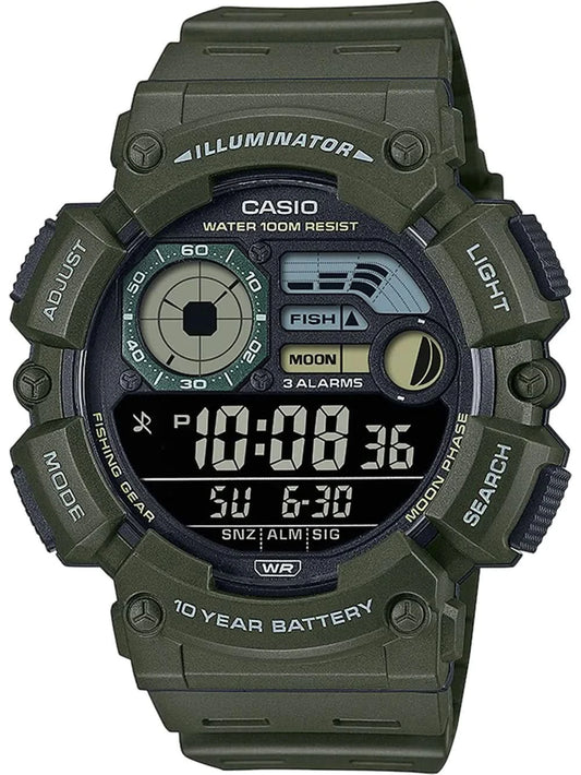 Zegarek męski Casio z cyfrową tarczą, ciemnozielonym paskiem i przyciskami