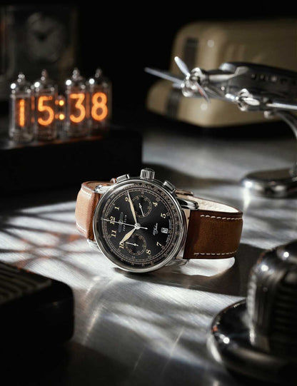 Zegarek męski Zeppelin Chronograph z brązowym skórzanym paskiem, czarną tarczą i przyciskami