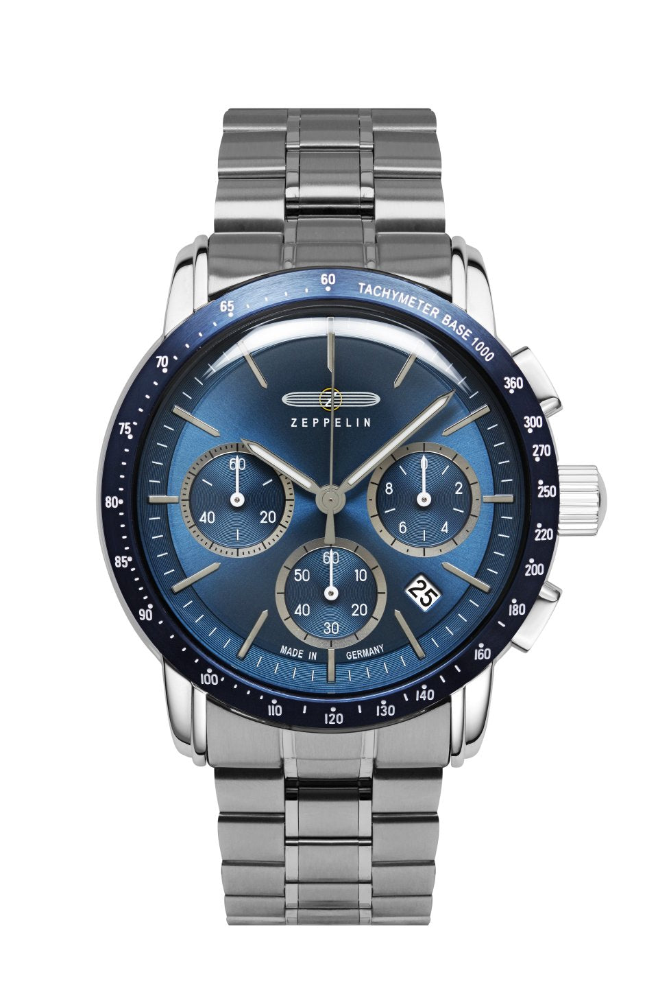 Zegarek męski Zeppelin typu chronograf z niebieską tarczą, bezelem z tachymetrem i bransoletą ze stali szlachetnej